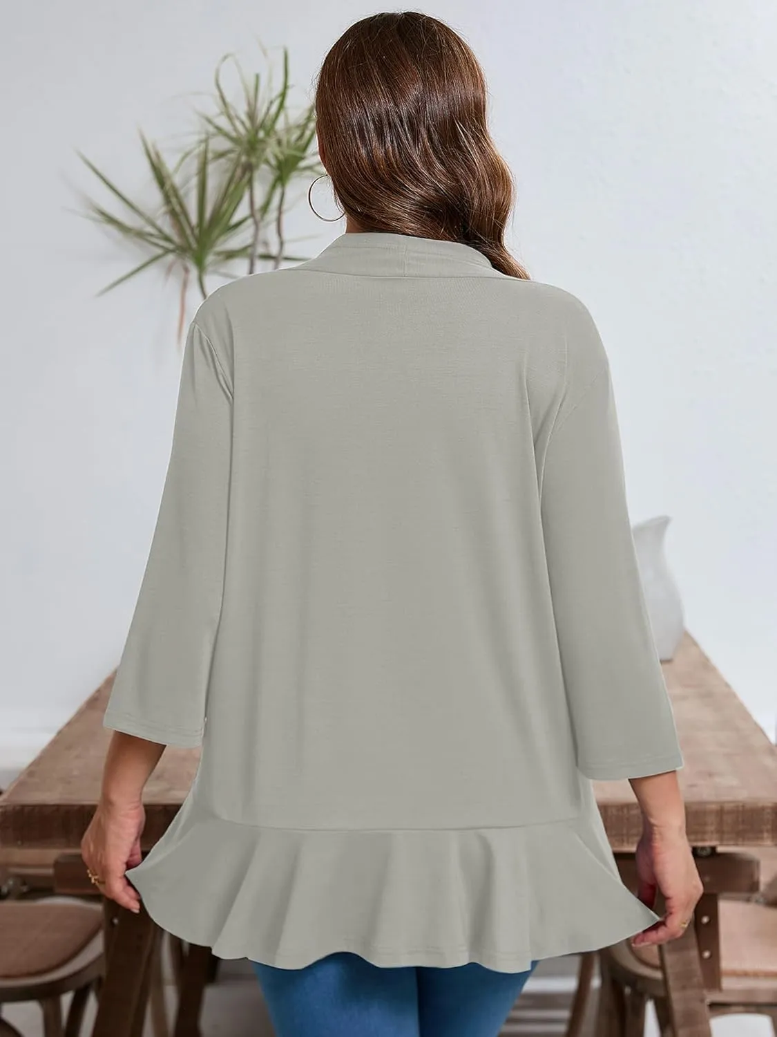 AusLook Women's Plus Size 3/4 Sleeves Lightweight Open Front Cardigan Draped Ruffles Shawls and Wraps Shrugs Kimono Jacket