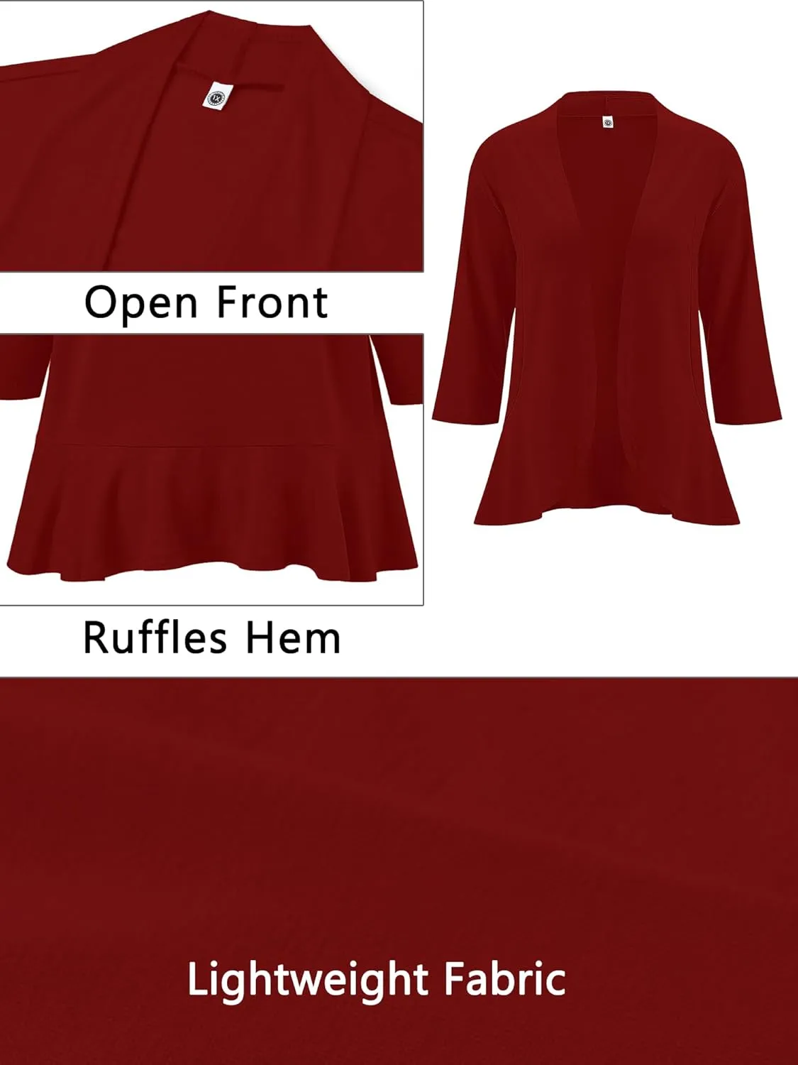 AusLook Women's Plus Size 3/4 Sleeves Lightweight Open Front Cardigan Draped Ruffles Shawls and Wraps Shrugs Kimono Jacket