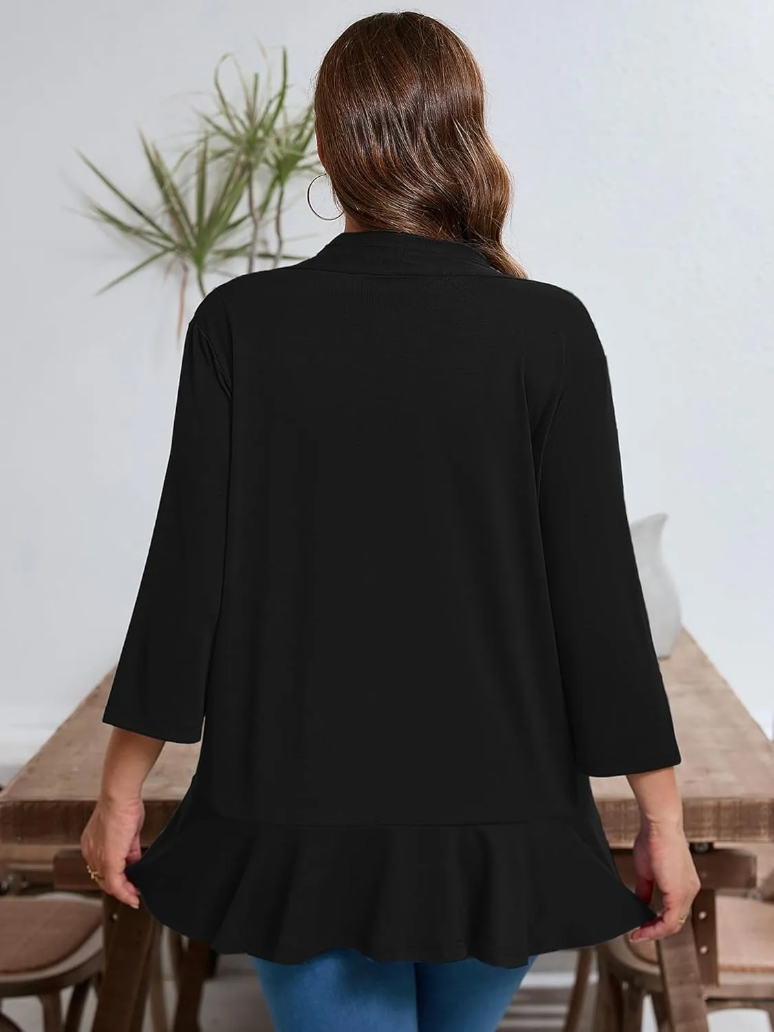 AusLook Women's Plus Size 3/4 Sleeves Lightweight Open Front Cardigan Draped Ruffles Shawls and Wraps Shrugs Kimono Jacket