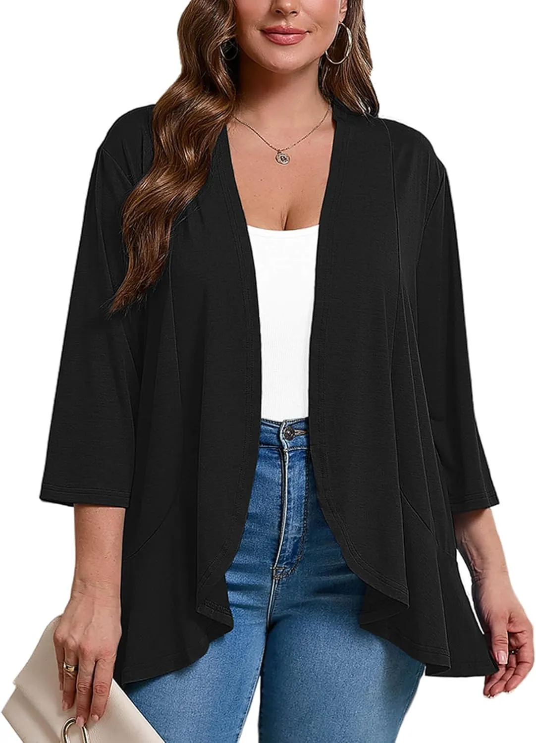 AusLook Women's Plus Size 3/4 Sleeves Lightweight Open Front Cardigan Draped Ruffles Shawls and Wraps Shrugs Kimono Jacket