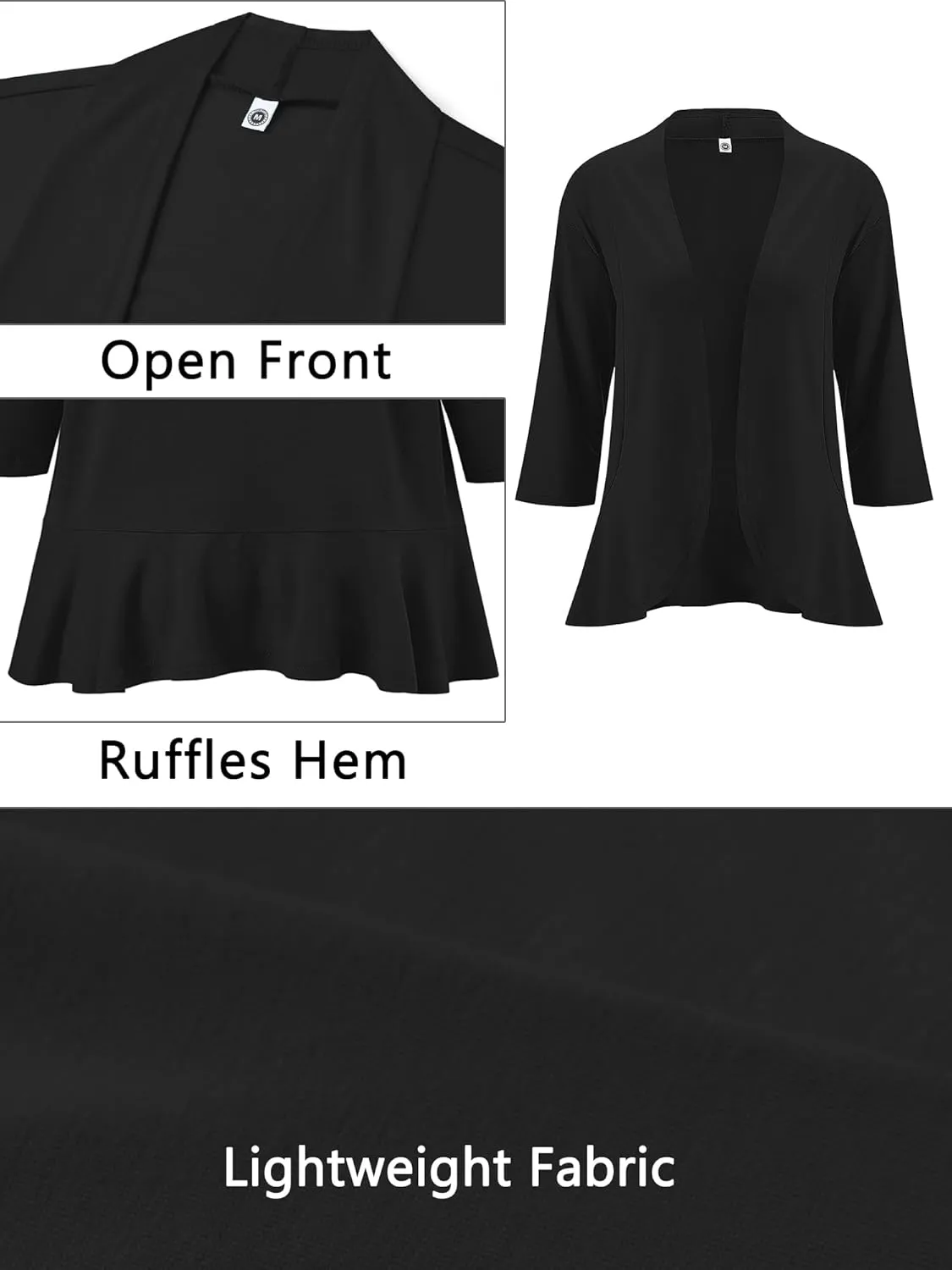 AusLook Women's Plus Size 3/4 Sleeves Lightweight Open Front Cardigan Draped Ruffles Shawls and Wraps Shrugs Kimono Jacket