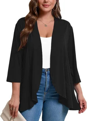 AusLook Women's Plus Size 3/4 Sleeves Lightweight Open Front Cardigan Draped Ruffles Shawls and Wraps Shrugs Kimono Jacket
