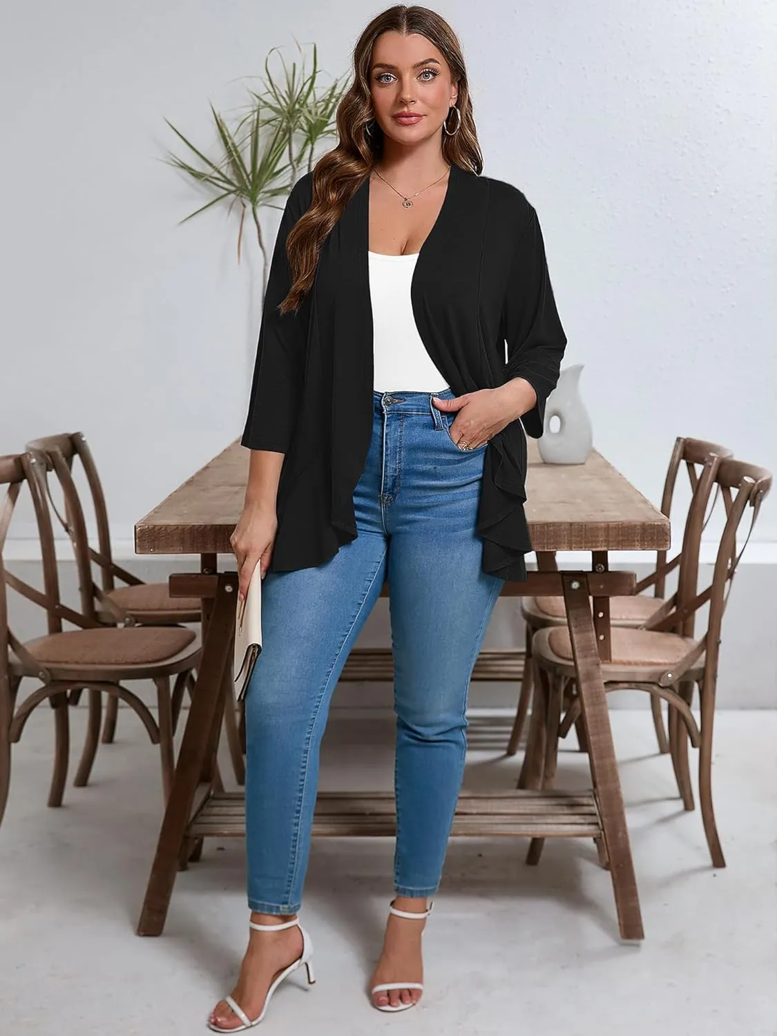 AusLook Women's Plus Size 3/4 Sleeves Lightweight Open Front Cardigan Draped Ruffles Shawls and Wraps Shrugs Kimono Jacket