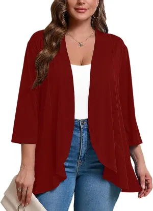 AusLook Women's Plus Size 3/4 Sleeves Lightweight Open Front Cardigan Draped Ruffles Shawls and Wraps Shrugs Kimono Jacket