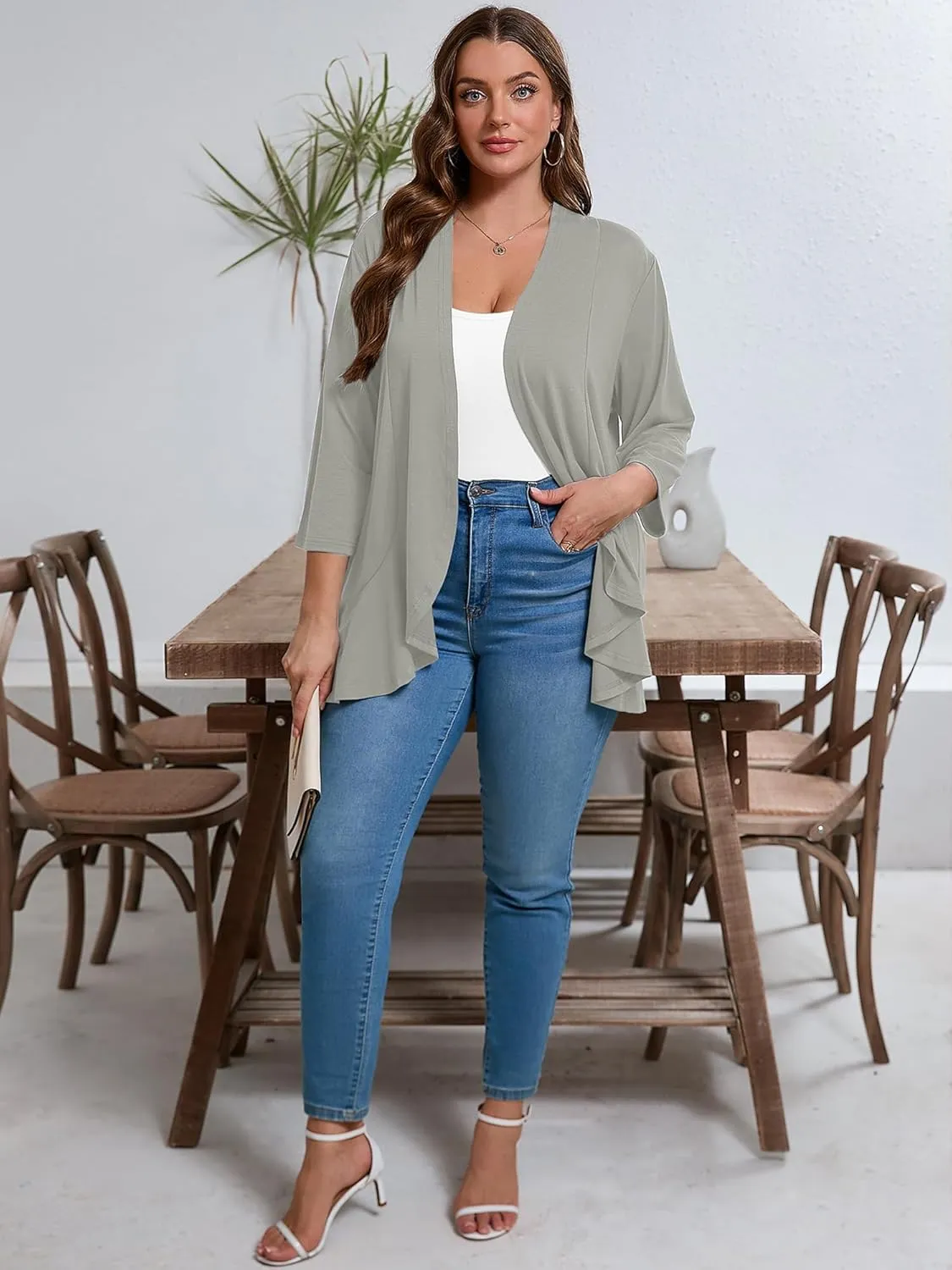 AusLook Women's Plus Size 3/4 Sleeves Lightweight Open Front Cardigan Draped Ruffles Shawls and Wraps Shrugs Kimono Jacket