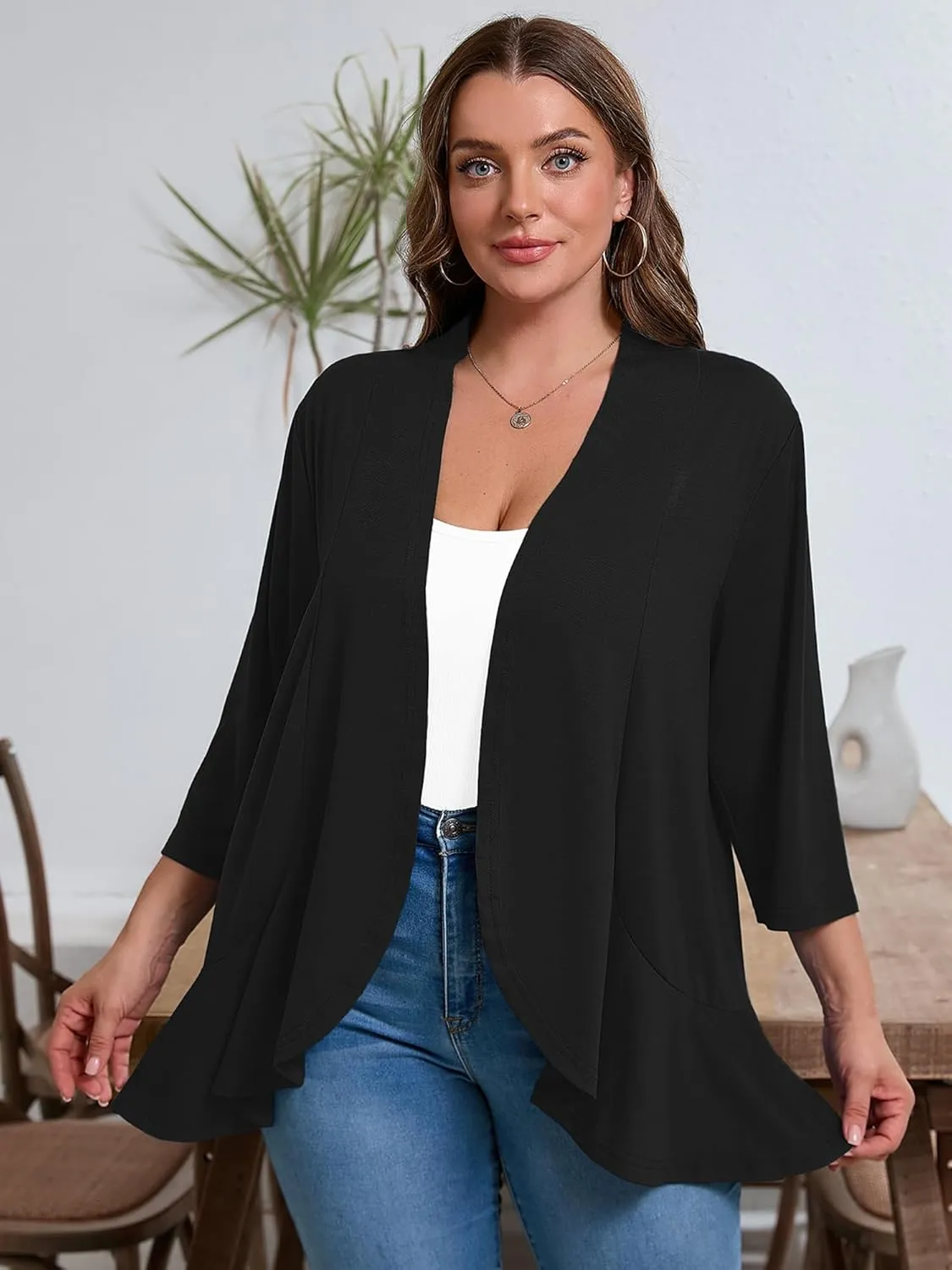 AusLook Women's Plus Size 3/4 Sleeves Lightweight Open Front Cardigan Draped Ruffles Shawls and Wraps Shrugs Kimono Jacket