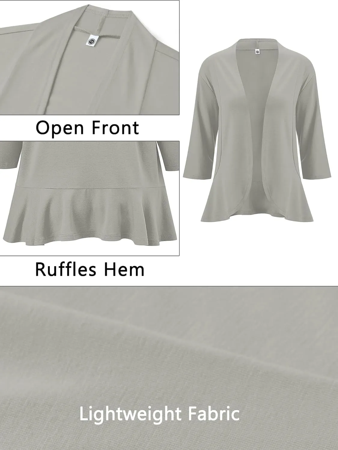 AusLook Women's Plus Size 3/4 Sleeves Lightweight Open Front Cardigan Draped Ruffles Shawls and Wraps Shrugs Kimono Jacket