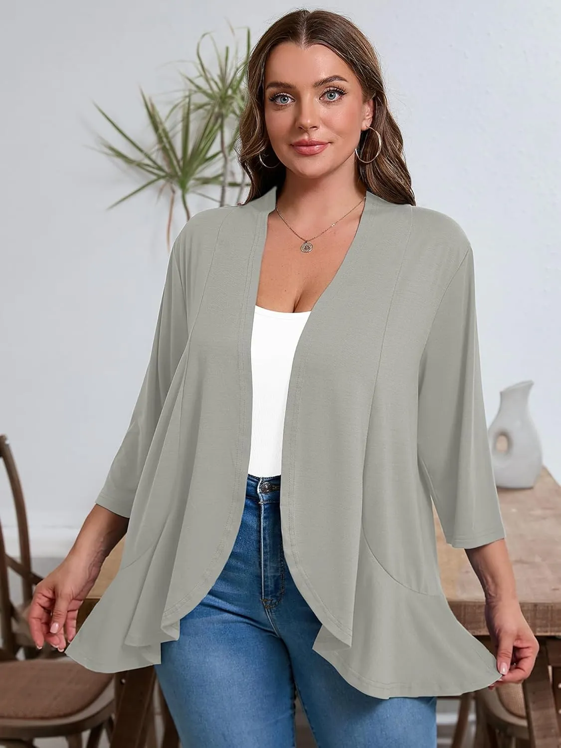 AusLook Women's Plus Size 3/4 Sleeves Lightweight Open Front Cardigan Draped Ruffles Shawls and Wraps Shrugs Kimono Jacket