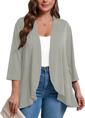 AusLook Women's Plus Size 3/4 Sleeves Lightweight Open Front Cardigan Draped Ruffles Shawls and Wraps Shrugs Kimono Jacket