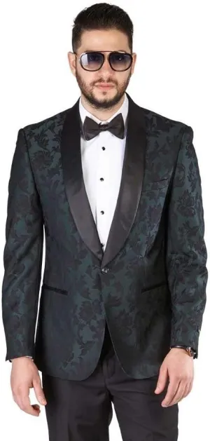 AZAR MAN Slim Fit 1 Button Shawl Lapel Black Satin Collar Floral Tuxedo Dinner Jacket Blazer