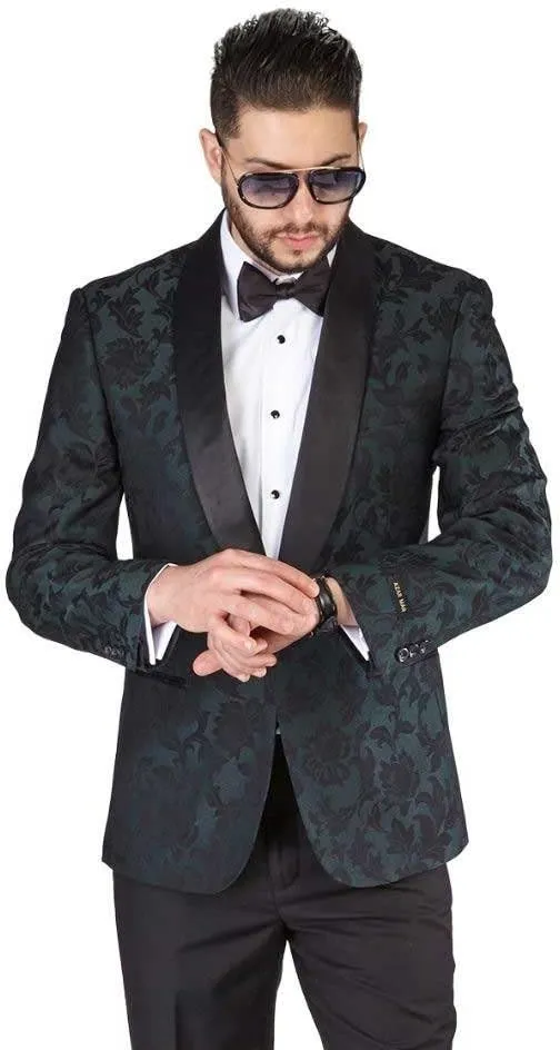AZAR MAN Slim Fit 1 Button Shawl Lapel Black Satin Collar Floral Tuxedo Dinner Jacket Blazer