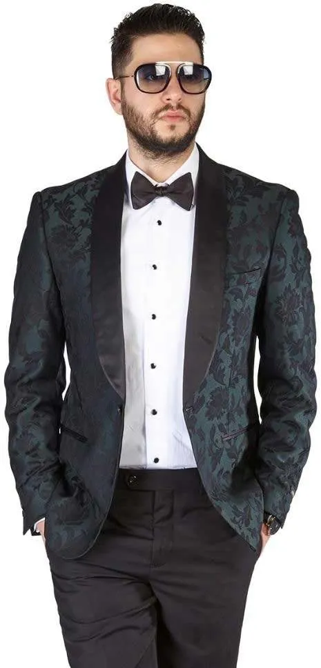 AZAR MAN Slim Fit 1 Button Shawl Lapel Black Satin Collar Floral Tuxedo Dinner Jacket Blazer