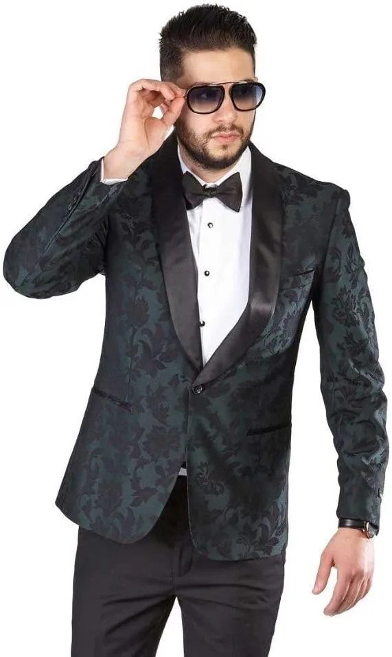 AZAR MAN Slim Fit 1 Button Shawl Lapel Black Satin Collar Floral Tuxedo Dinner Jacket Blazer