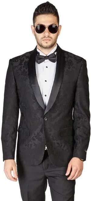 AZAR MAN Slim Fit 1 Button Shawl Lapel Black Satin Collar Floral Tuxedo Dinner Jacket Blazer