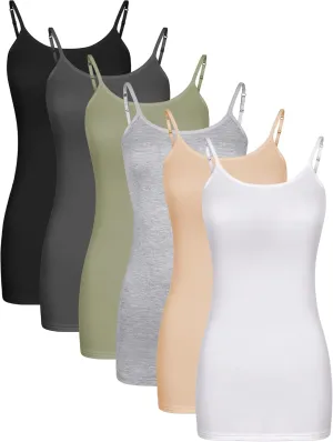 Bencailor 6 Pcs Women's Long Tank Tops, Long Camisole Workout Tops for Adjustable Spaghetti Strap Women Camis Undershirts