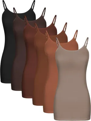 Bencailor 6 Pcs Women's Long Tank Tops, Long Camisole Workout Tops for Adjustable Spaghetti Strap Women Camis Undershirts