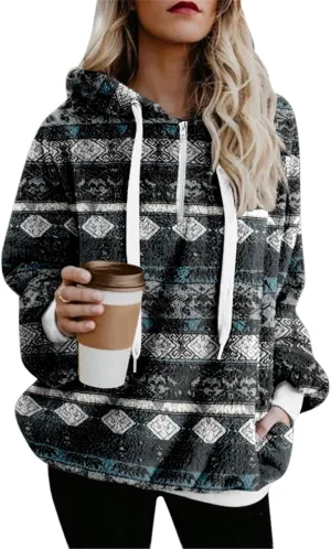 Bengbobar Women Western Sherpa Pullover Quarter Zip Long Sleeve Fluffy Aztec Fleece Jacket Sweatshirts Hoodies Coat Sweaters