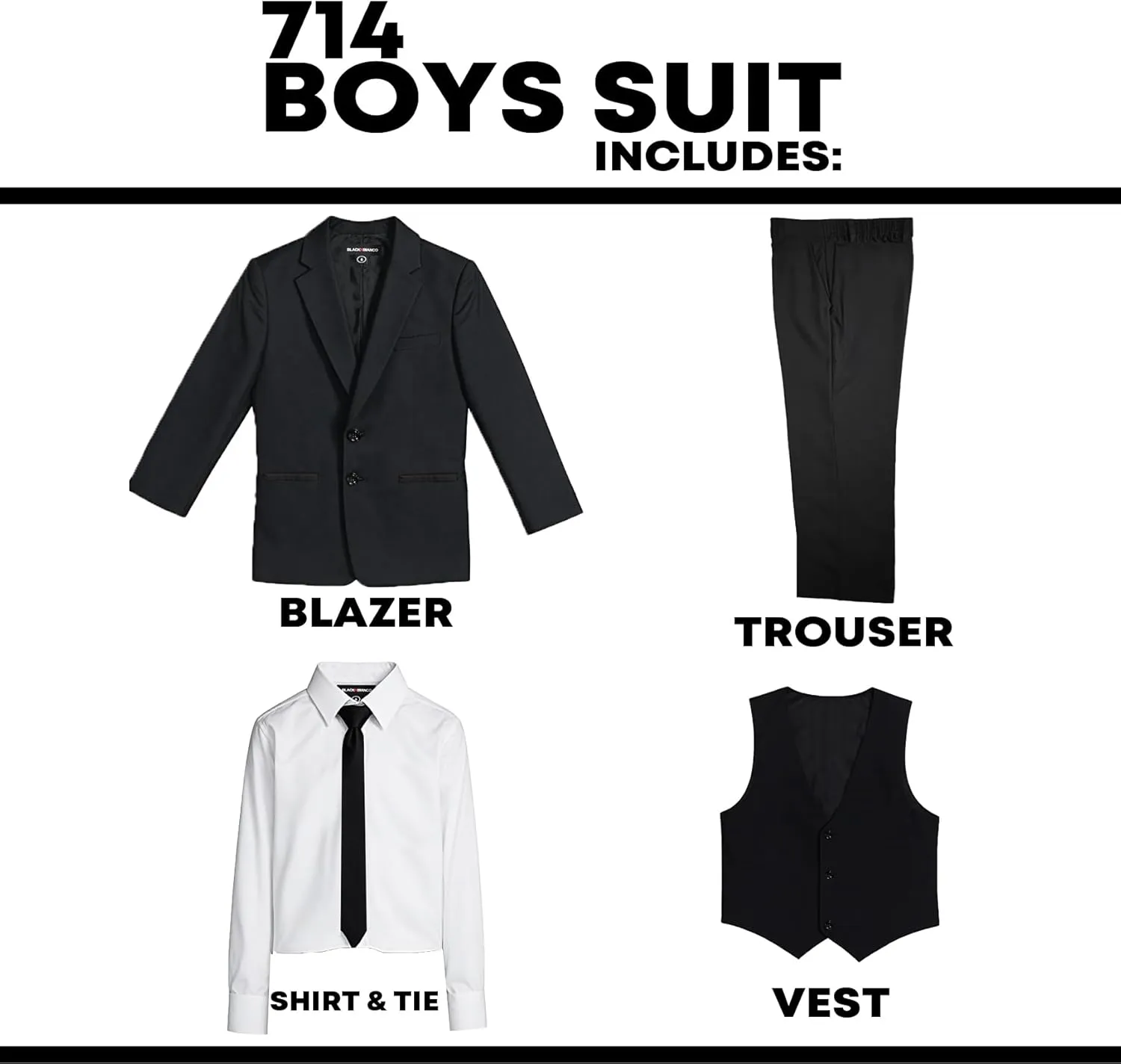 Black n Bianco Boys Five Piece Modern Slim Fit Suits Set Shirt Blazer Vest Pants and Tie. Ring Bearer Outfit