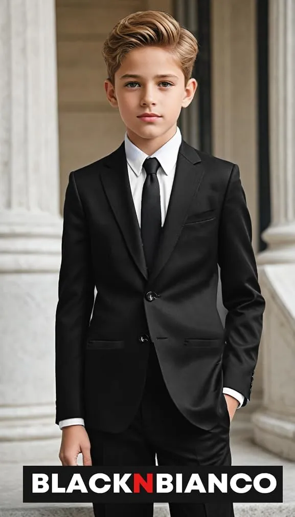 Black n Bianco Boys Five Piece Modern Slim Fit Suits Set Shirt Blazer Vest Pants and Tie. Ring Bearer Outfit