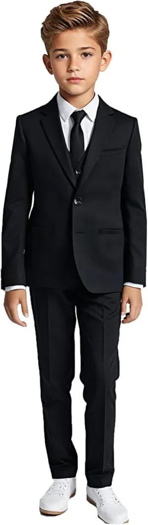 Black n Bianco Boys Five Piece Modern Slim Fit Suits Set Shirt Blazer Vest Pants and Tie. Ring Bearer Outfit