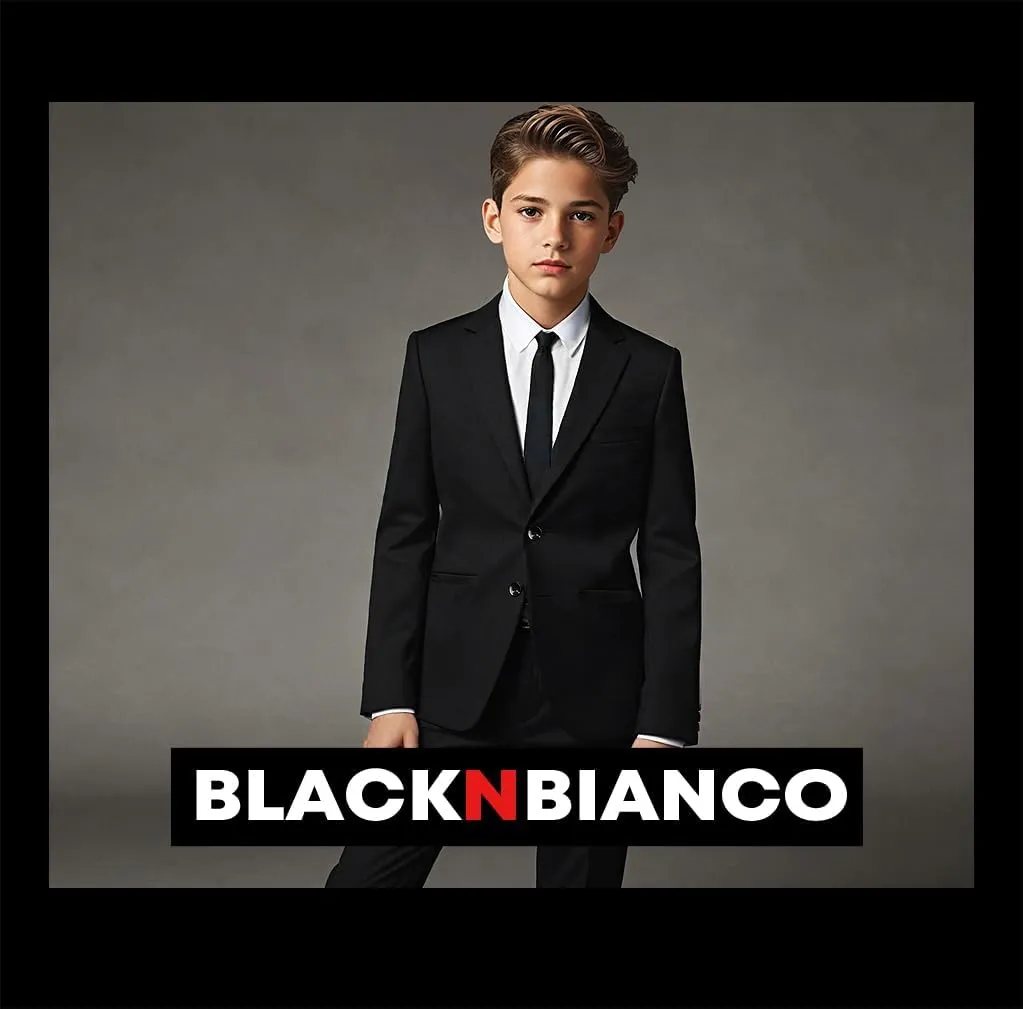 Black n Bianco Boys Five Piece Modern Slim Fit Suits Set Shirt Blazer Vest Pants and Tie. Ring Bearer Outfit