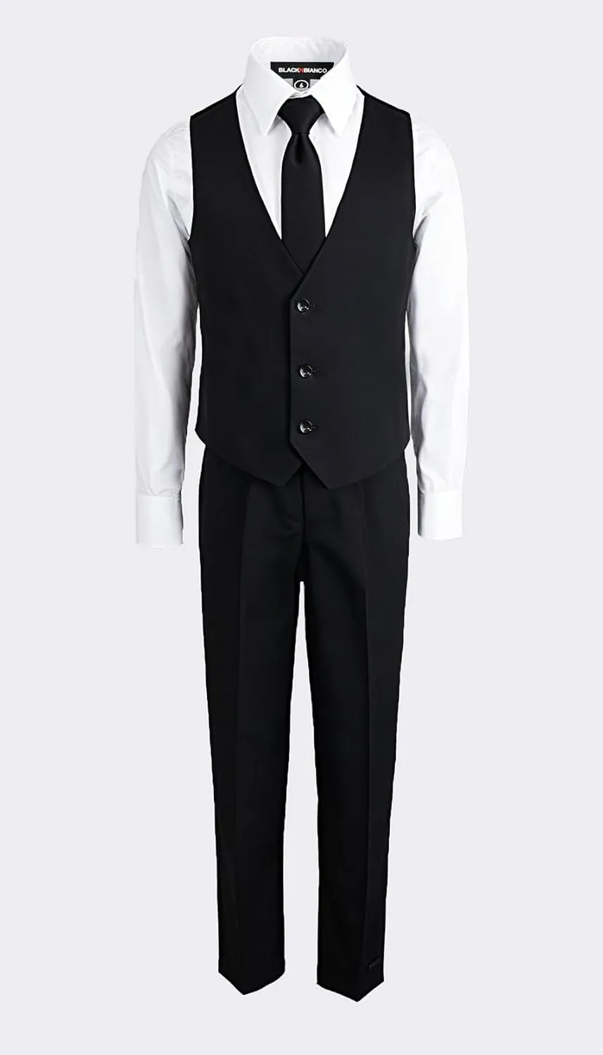 Black n Bianco Boys Five Piece Modern Slim Fit Suits Set Shirt Blazer Vest Pants and Tie. Ring Bearer Outfit