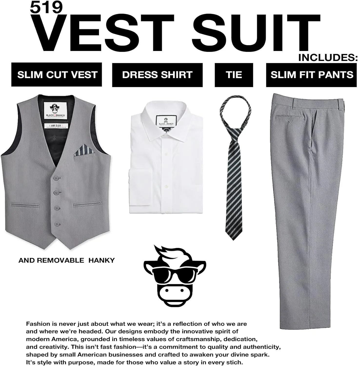 Black n Bianco Boys Five Piece Slim Fit Vest Suit with Tie, Shirt, Pants, Vest and Hanky. Style - 519
