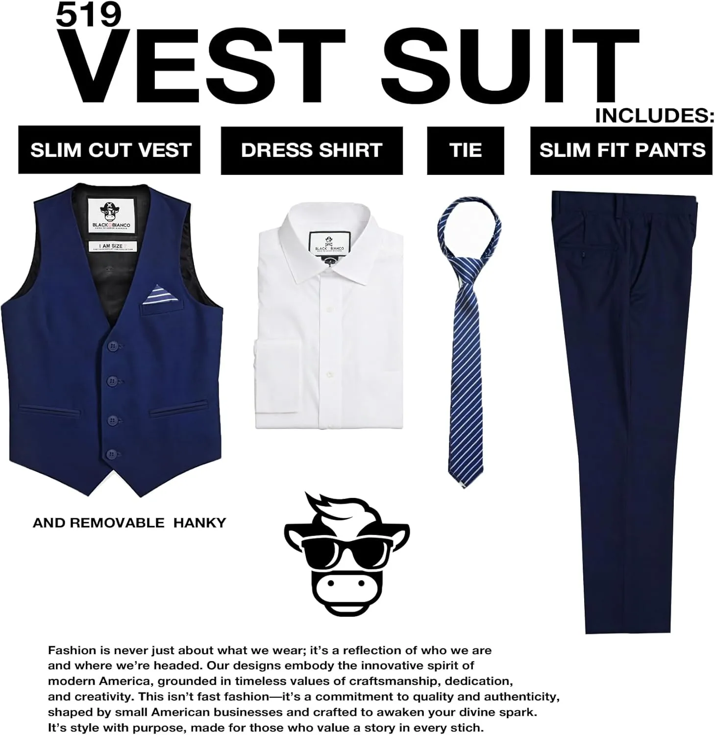 Black n Bianco Boys Five Piece Slim Fit Vest Suit with Tie, Shirt, Pants, Vest and Hanky. Style - 519