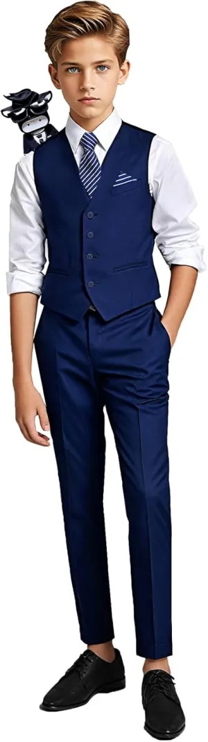 Black n Bianco Boys Five Piece Slim Fit Vest Suit with Tie, Shirt, Pants, Vest and Hanky. Style - 519