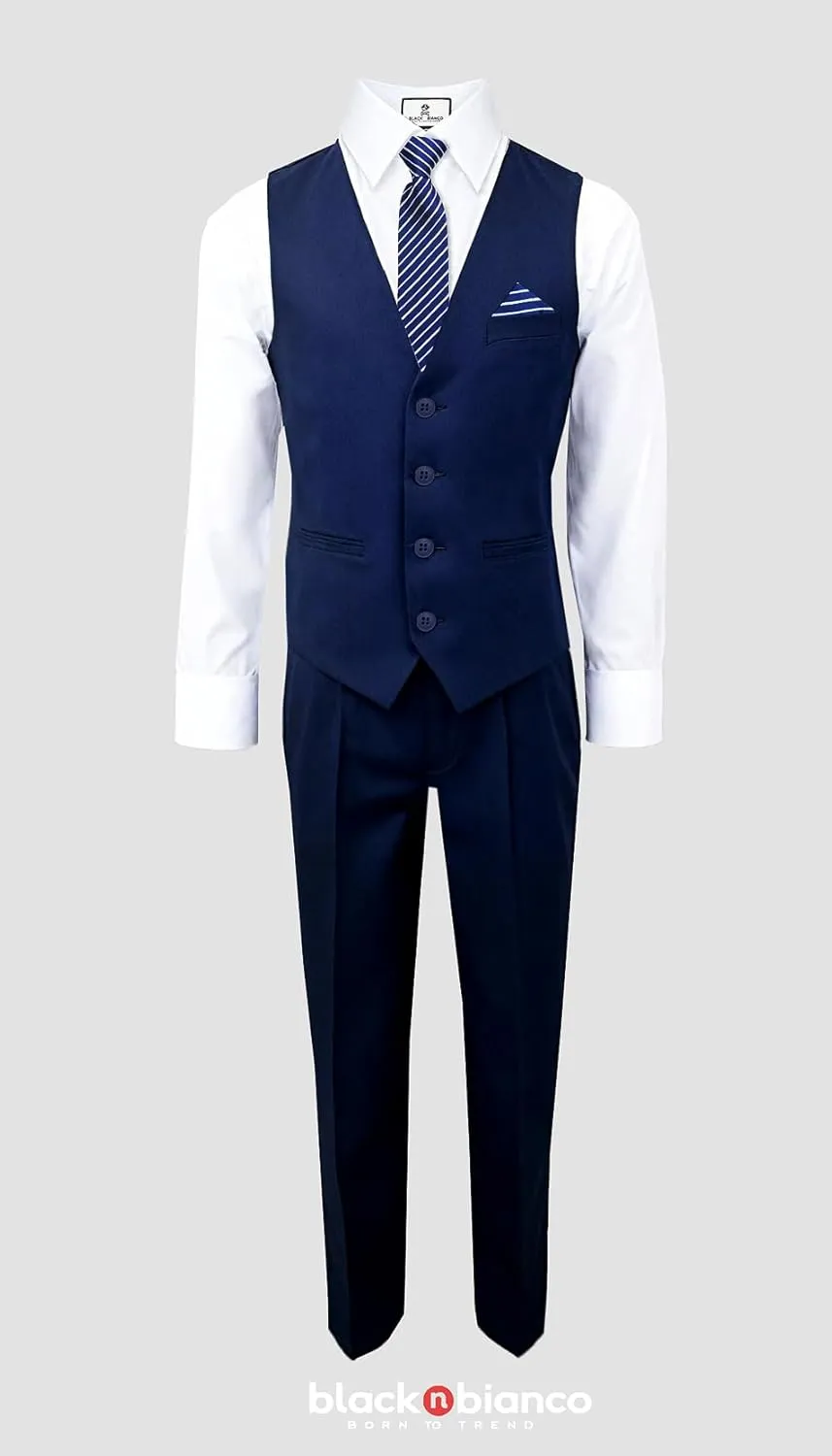 Black n Bianco Boys Five Piece Slim Fit Vest Suit with Tie, Shirt, Pants, Vest and Hanky. Style - 519