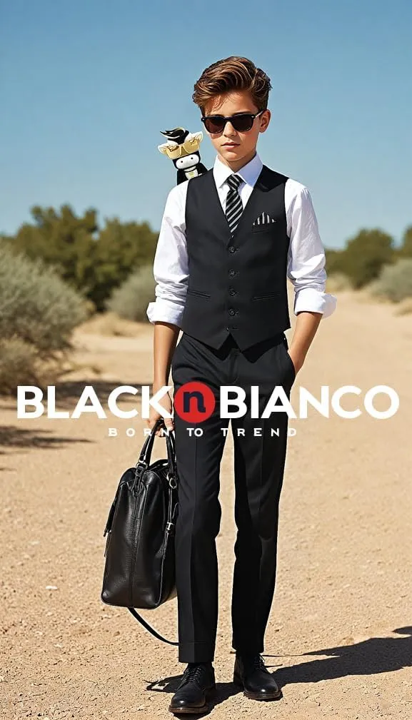 Black n Bianco Boys Five Piece Slim Fit Vest Suit with Tie, Shirt, Pants, Vest and Hanky. Style - 519
