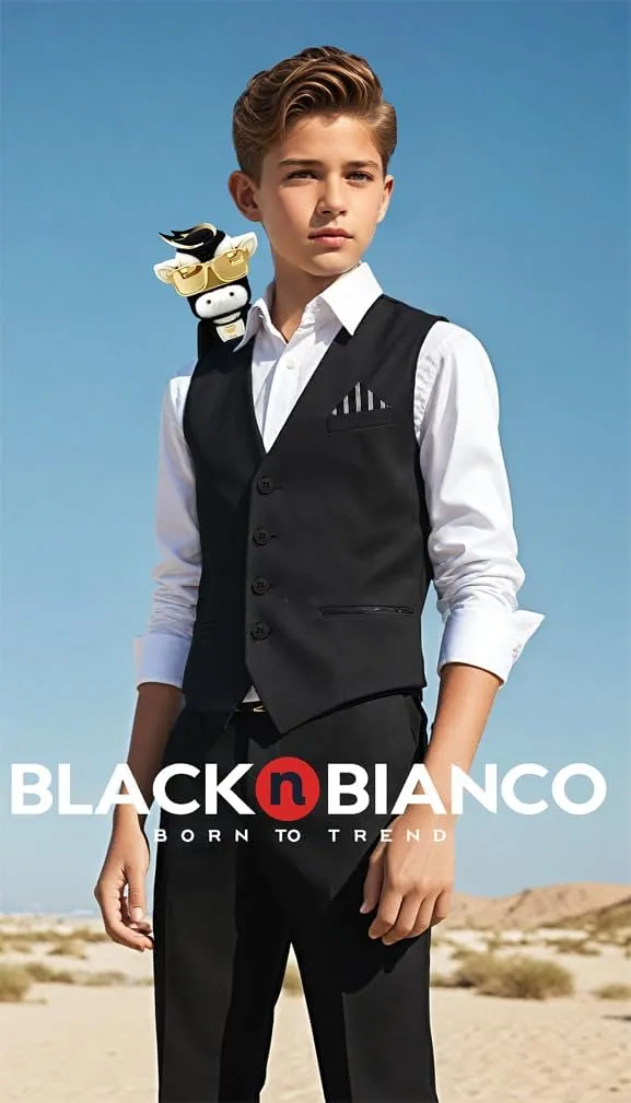 Black n Bianco Boys Five Piece Slim Fit Vest Suit with Tie, Shirt, Pants, Vest and Hanky. Style - 519
