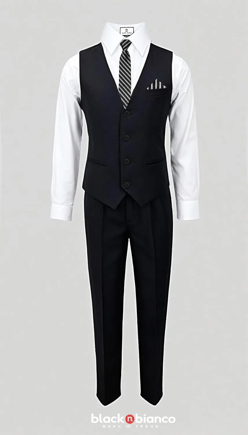 Black n Bianco Boys Five Piece Slim Fit Vest Suit with Tie, Shirt, Pants, Vest and Hanky. Style - 519