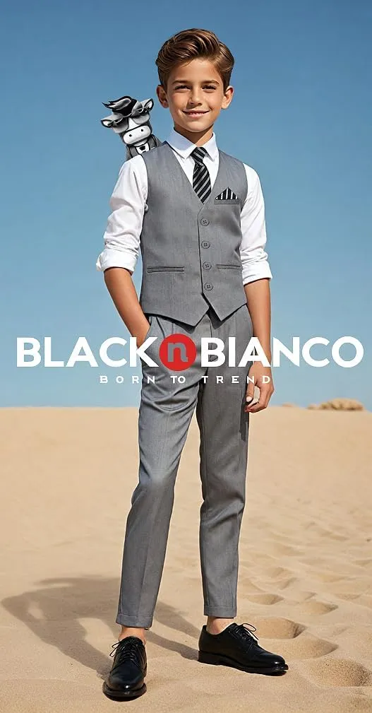 Black n Bianco Boys Five Piece Slim Fit Vest Suit with Tie, Shirt, Pants, Vest and Hanky. Style - 519