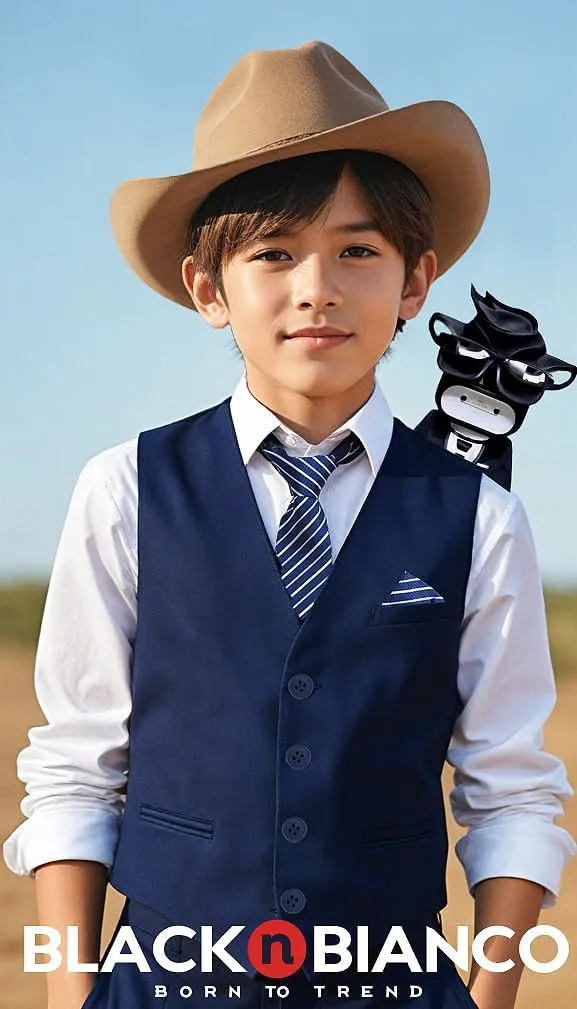 Black n Bianco Boys Five Piece Slim Fit Vest Suit with Tie, Shirt, Pants, Vest and Hanky. Style - 519