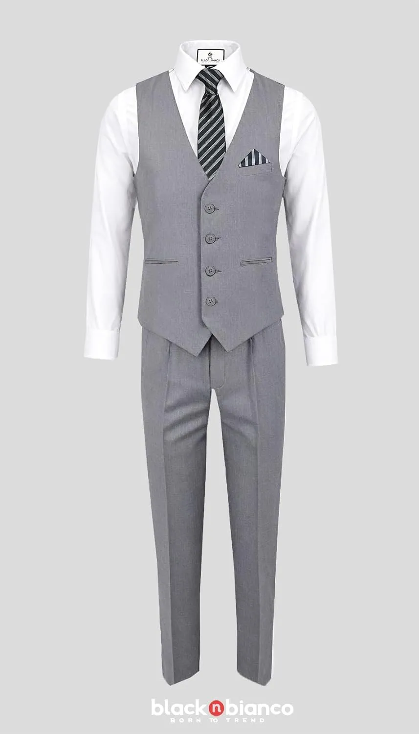Black n Bianco Boys Five Piece Slim Fit Vest Suit with Tie, Shirt, Pants, Vest and Hanky. Style - 519
