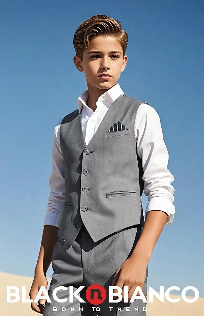 Black n Bianco Boys Five Piece Slim Fit Vest Suit with Tie, Shirt, Pants, Vest and Hanky. Style - 519
