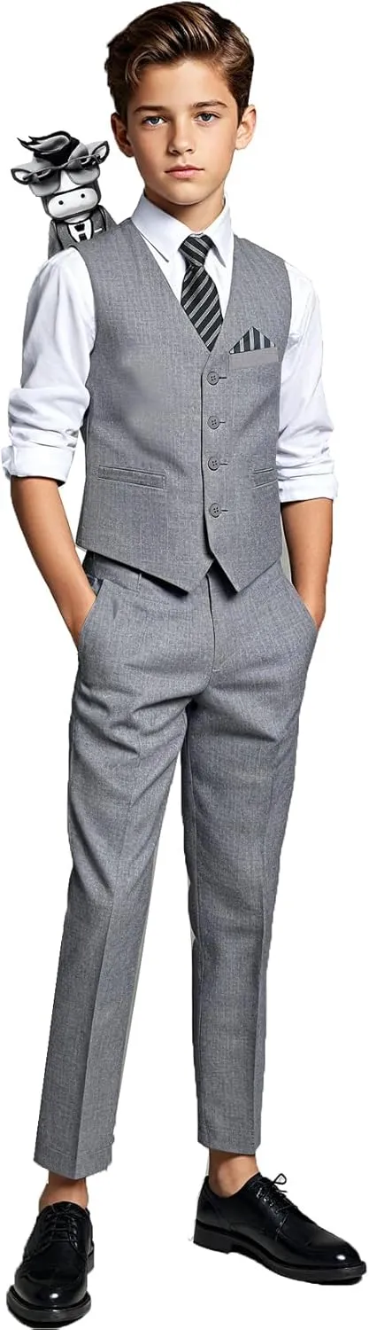 Black n Bianco Boys Five Piece Slim Fit Vest Suit with Tie, Shirt, Pants, Vest and Hanky. Style - 519