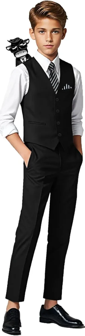 Black n Bianco Boys Five Piece Slim Fit Vest Suit with Tie, Shirt, Pants, Vest and Hanky. Style - 519