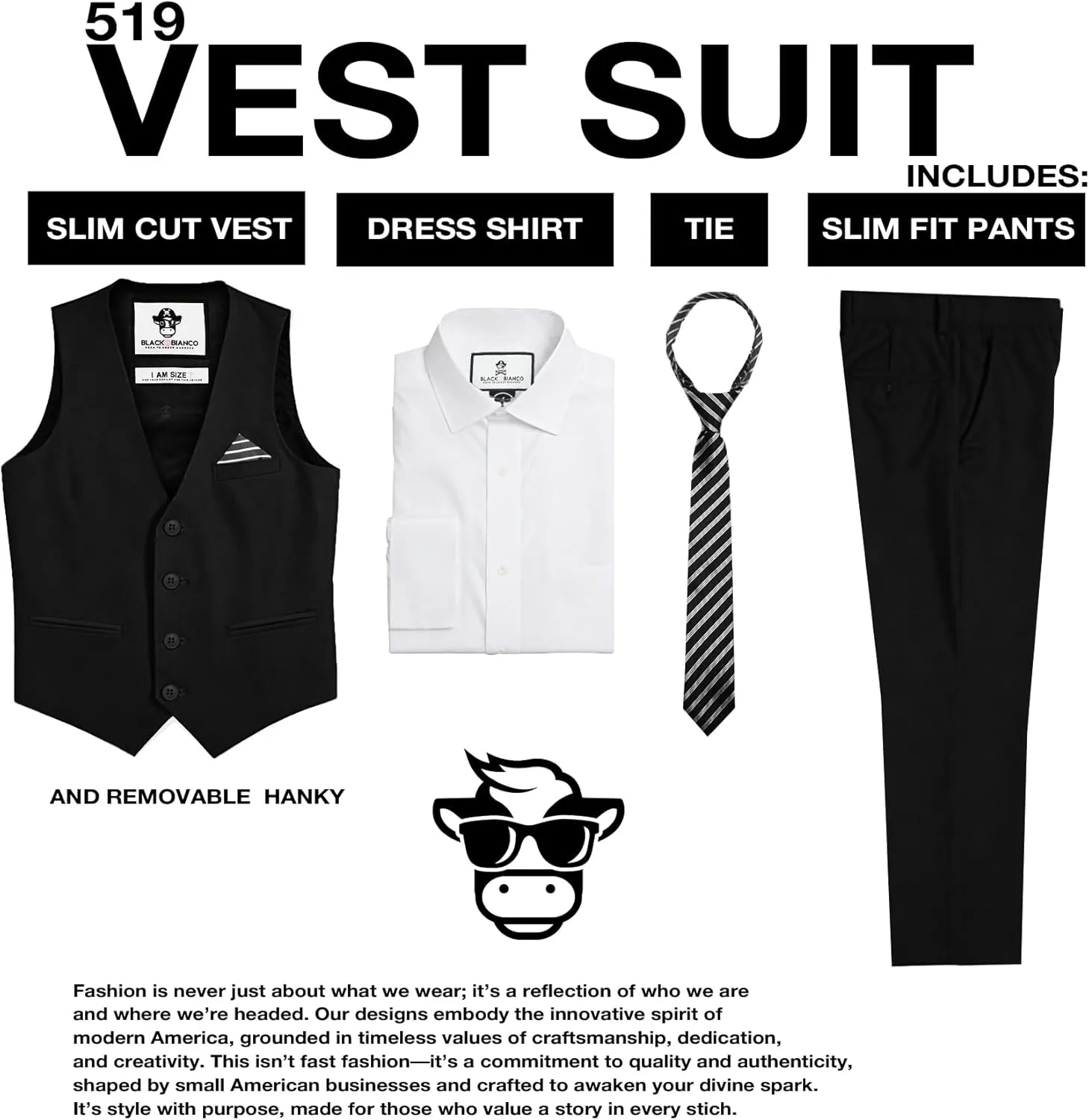 Black n Bianco Boys Five Piece Slim Fit Vest Suit with Tie, Shirt, Pants, Vest and Hanky. Style - 519