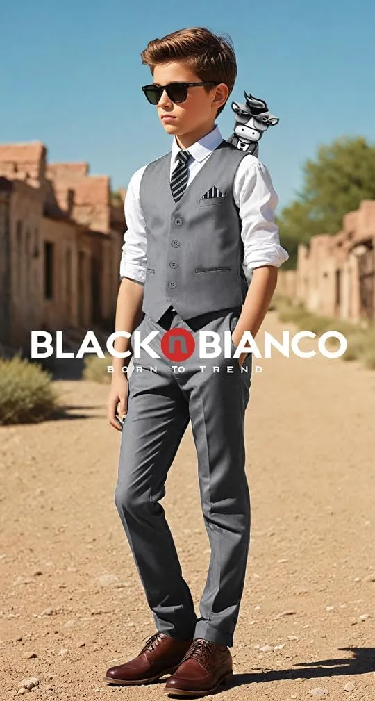 Black n Bianco Boys Five Piece Slim Fit Vest Suit with Tie, Shirt, Pants, Vest and Hanky. Style - 519