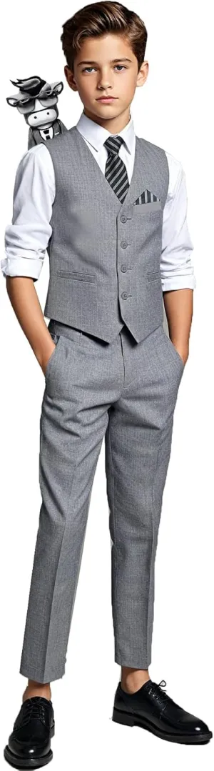 Black n Bianco Boys Five Piece Slim Fit Vest Suit with Tie, Shirt, Pants, Vest and Hanky. Style - 519