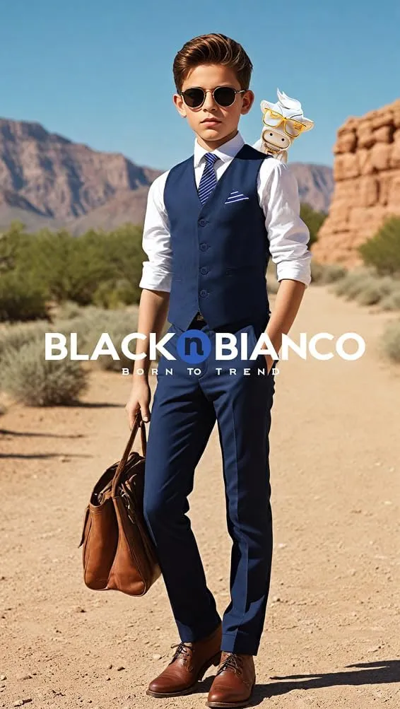Black n Bianco Boys Five Piece Slim Fit Vest Suit with Tie, Shirt, Pants, Vest and Hanky. Style - 519