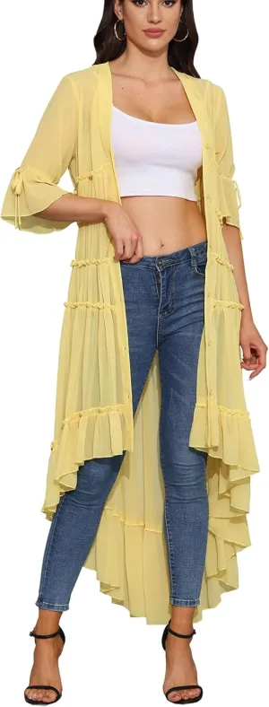 Bluewolfsea Womens Lightweight Summer Cardigan Long Sheer Cover Up Flowy Ruffle Button Down Maxi Dress