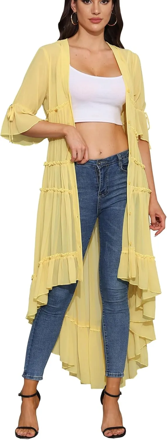 Bluewolfsea Womens Lightweight Summer Cardigan Long Sheer Cover Up Flowy Ruffle Button Down Maxi Dress