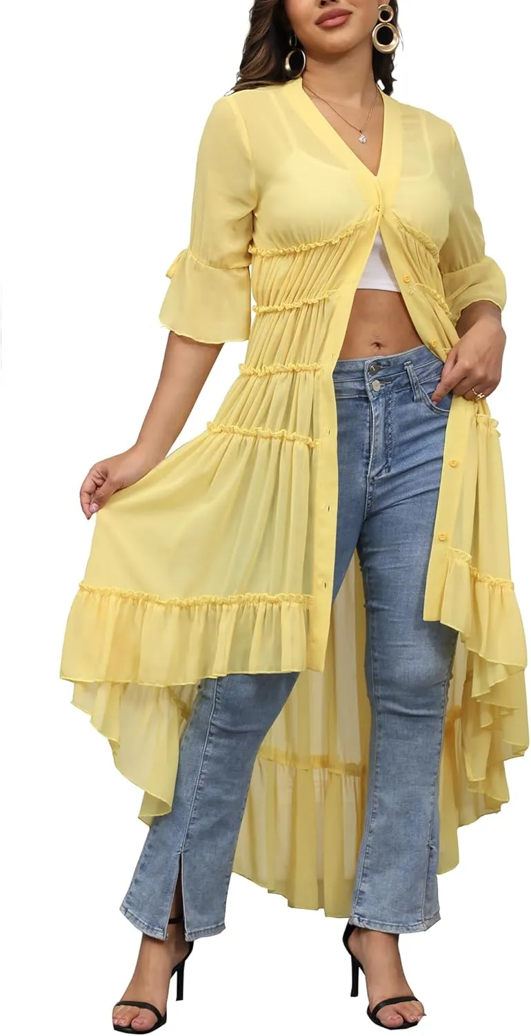 Bluewolfsea Womens Lightweight Summer Cardigan Long Sheer Cover Up Flowy Ruffle Button Down Maxi Dress