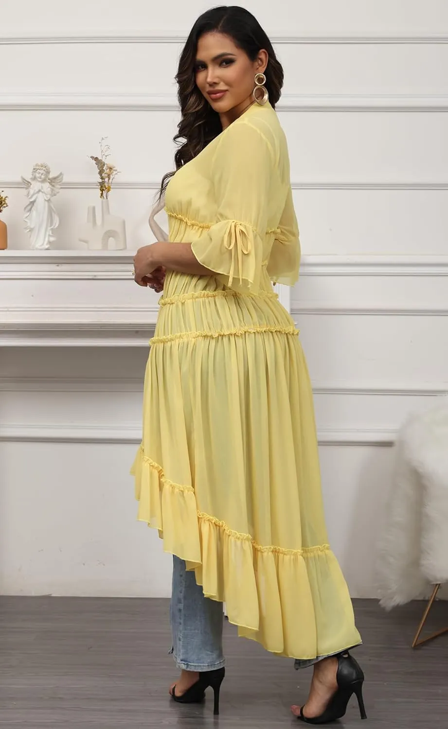 Bluewolfsea Womens Lightweight Summer Cardigan Long Sheer Cover Up Flowy Ruffle Button Down Maxi Dress