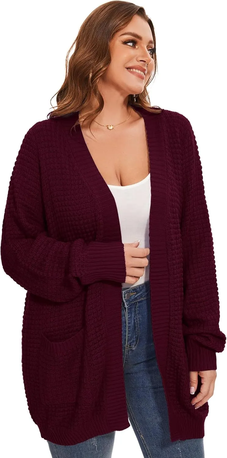 Cardigan Sweaters for Women Plus Size Waffle Knit Long Sleeve Womens Fall Open Front Sweaters Tops with Pockets