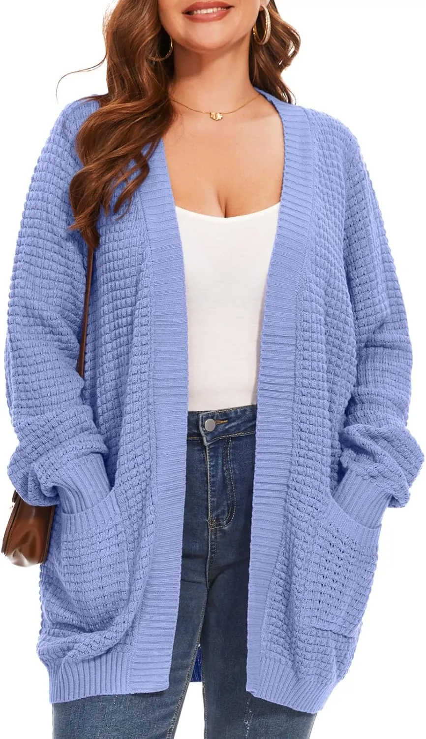 Cardigan Sweaters for Women Plus Size Waffle Knit Long Sleeve Womens Fall Open Front Sweaters Tops with Pockets