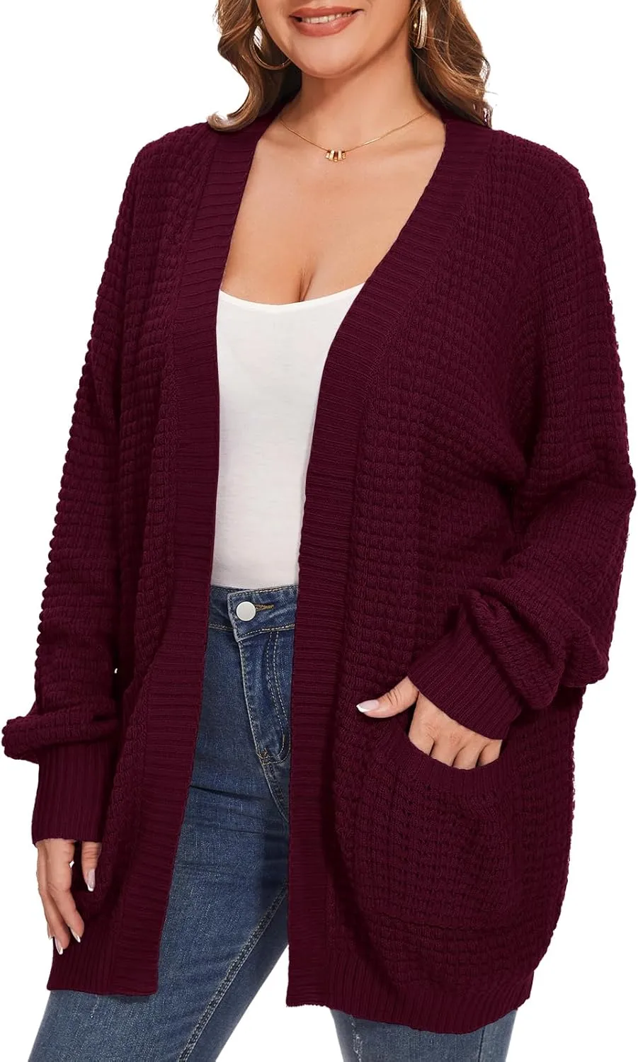 Cardigan Sweaters for Women Plus Size Waffle Knit Long Sleeve Womens Fall Open Front Sweaters Tops with Pockets